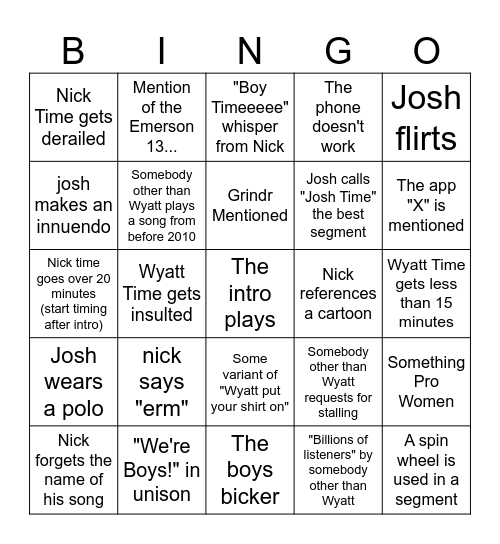 Boy Time Bingo Card