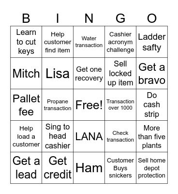 Cashier Bingo Card