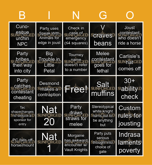 Sunforged Episode 25 Bingo Card