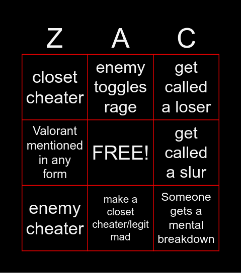 Zack Adventures Bingo Card