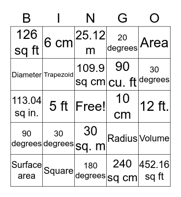 Two and Three Dimensional Geometry Bingo Card