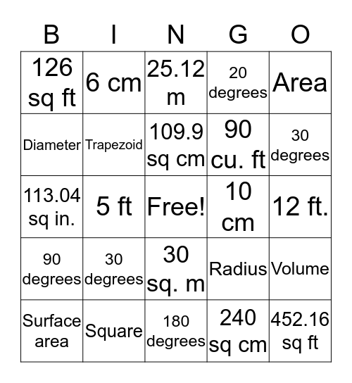 Two and Three Dimensional Geometry Bingo Card
