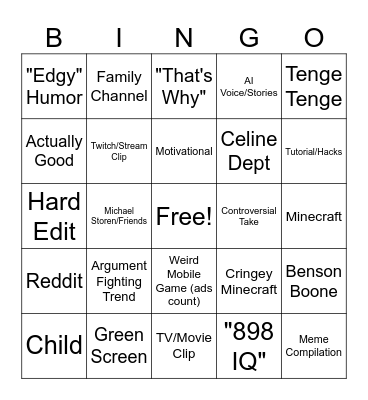 Youtube Shorts Bingo Card