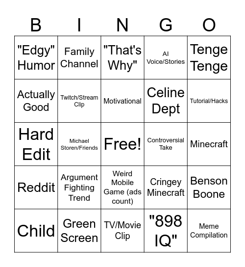 Youtube Shorts Bingo Card