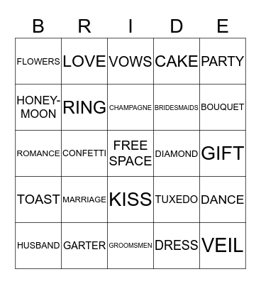 Noy's Bridal Shower Bingo Card