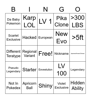 Wonder Trade Bingo Card