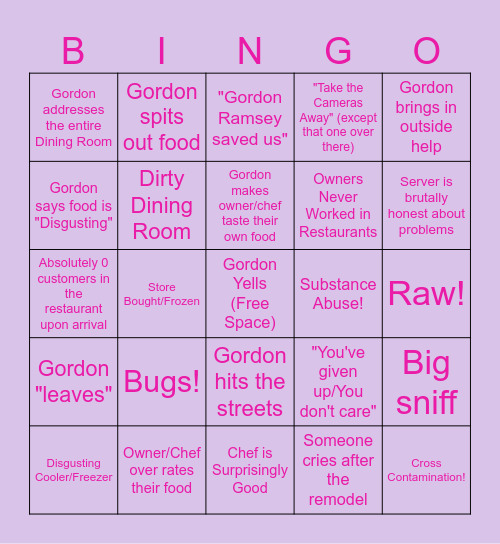 Kitchen Nightmares Bingo Card