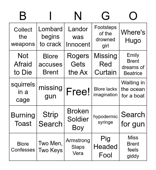 And Then There Were None Ch. 10-11 Bingo Card