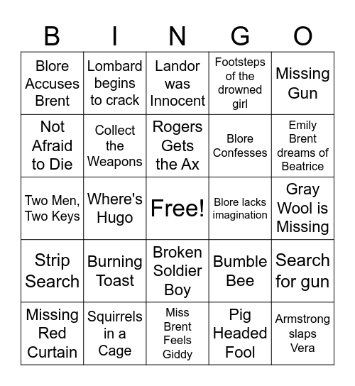 And Then There Were None Ch. 10-11 Bingo Card