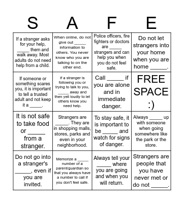 Stranger and Summer Safety Bingo Card