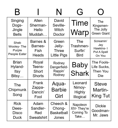 Radio Bingo Novelty Songs Bingo Card