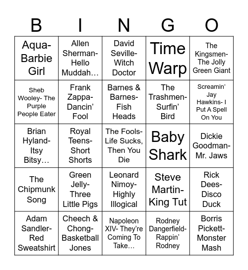 Radio Bingo Novelty Songs Bingo Card