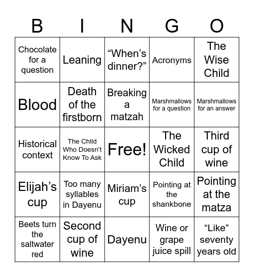 Seder Bingo Card