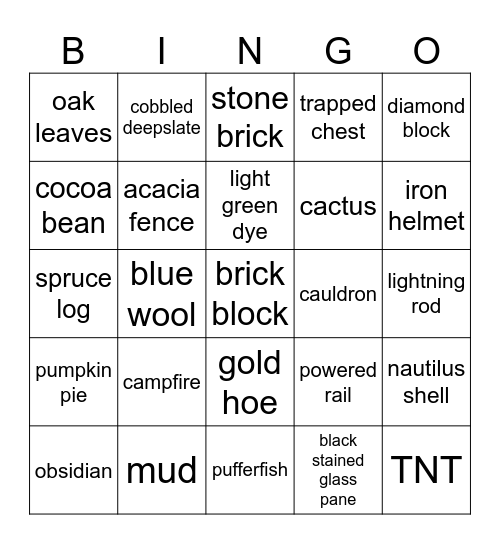 Minecraft lockout Bingo Card