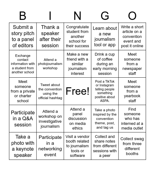 Student ASPA Bingo Card Bingo Card