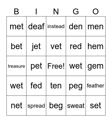 Short "e" Sound (e + ea) Bingo Card