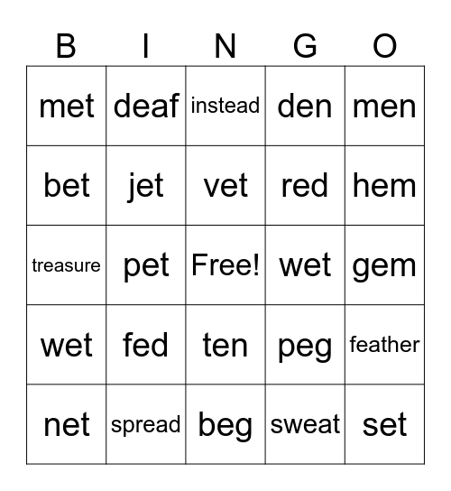 Short "e" Sound (e + ea) Bingo Card