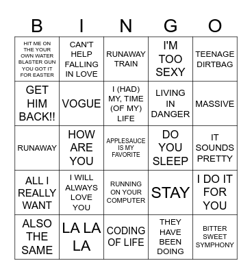 80s 70s 60s 50s 40s 90s & 2000s & 2010s.BABY CAN NOT THRO today's hits Bingo Card