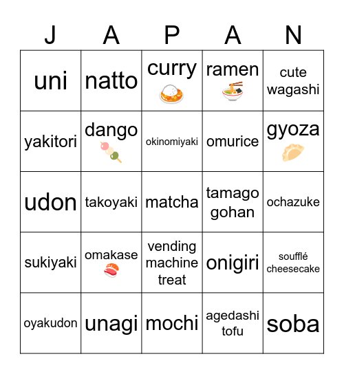 🇯🇵 japan foodie tour 🇯🇵 Bingo Card