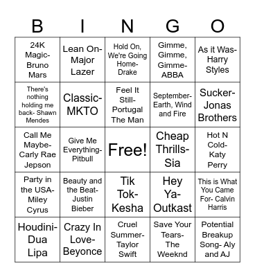 JAG Music Bingo Card