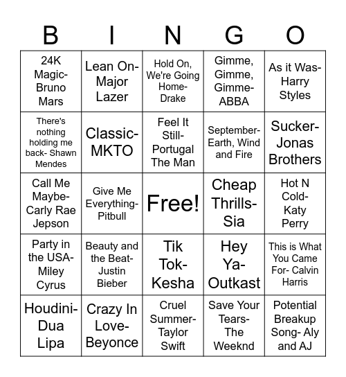 JAG Music Bingo Card