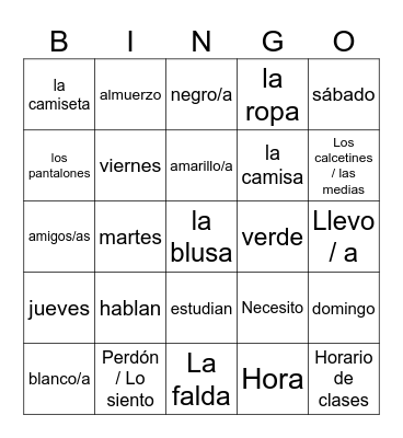Horario de clases Bingo Card