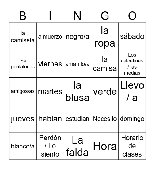 Horario de clases Bingo Card