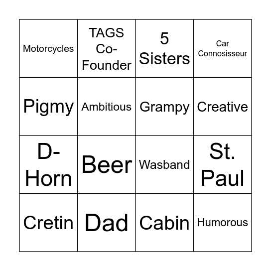 Greg's 75th Birthday Bingo Card