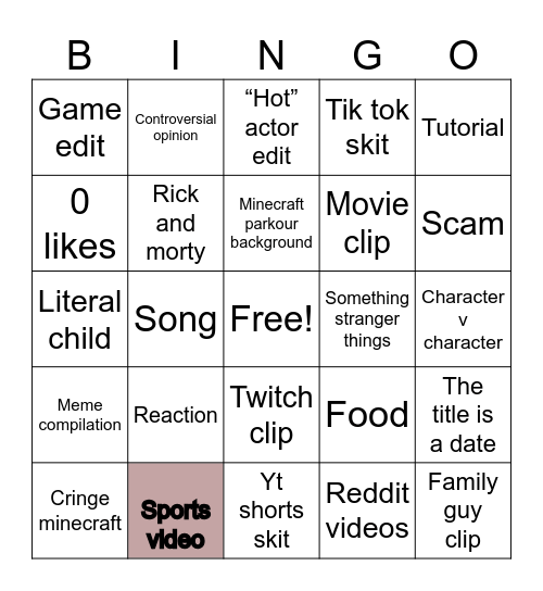 YouTube shorts Bingo Card