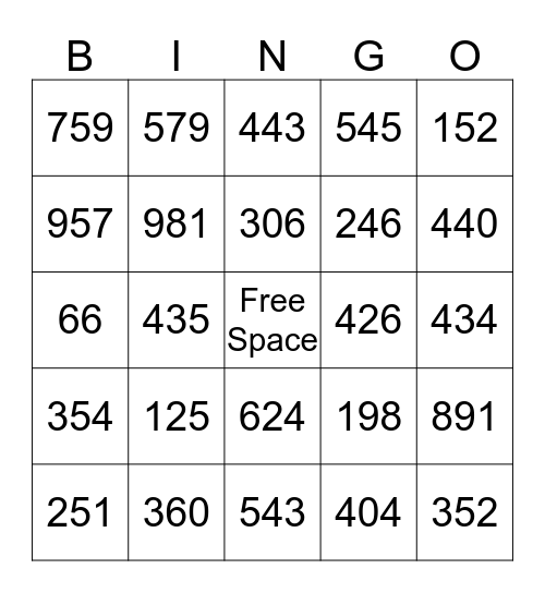 Place Value Bingo Card