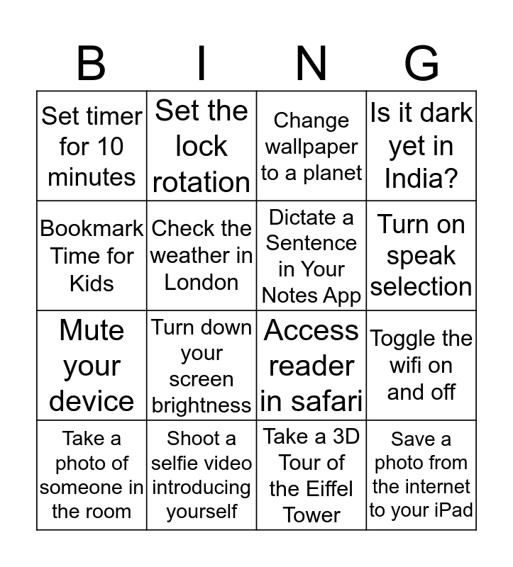 Ipad Exploration Bingo Card
