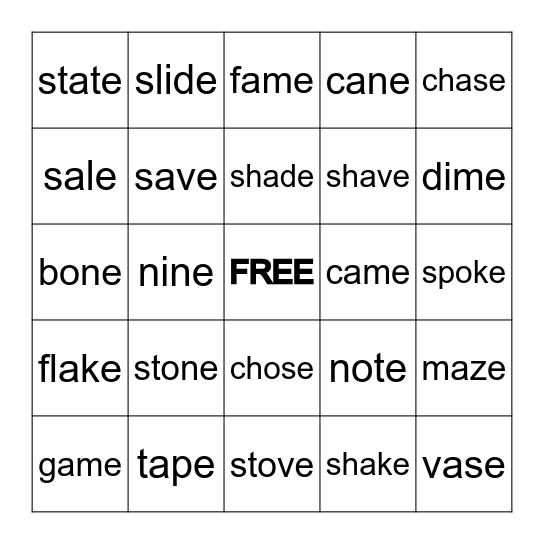 Magic / Silent E Bingo Card