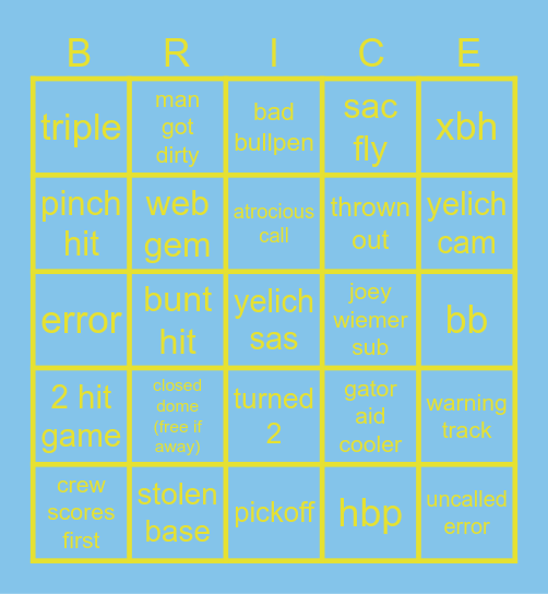 Brewers game bingo card