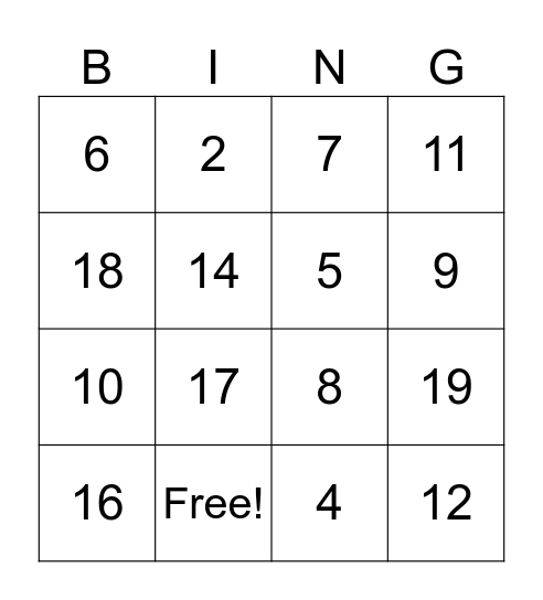 NUMBER BINGO Card