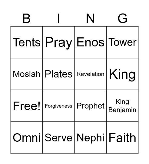 King Benjamin Bingo Card