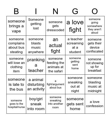 Geo trip Bingo Card