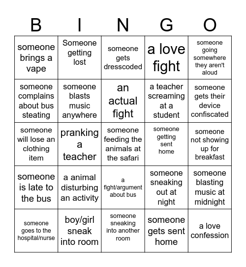 Geo trip Bingo Card