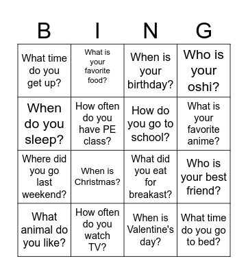 5 Wh Questions Bingo Card