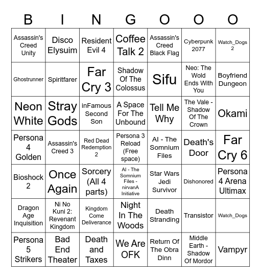 Video Game Backlog Bingo Card