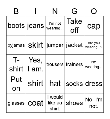 2 klasa, Unit 7 Clothes Bingo Card