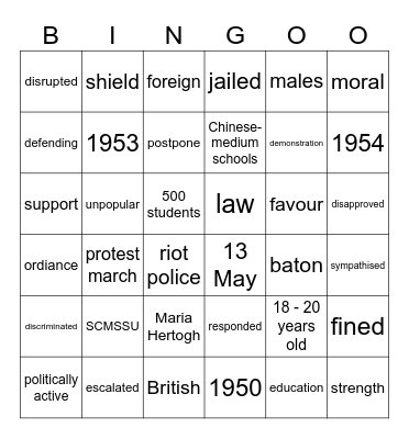 Riots in Singapore in the 1950s Bingo Card