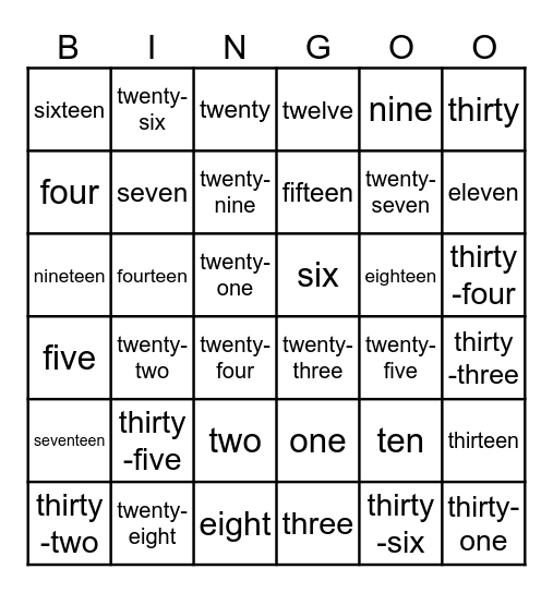 Number1-36 Bingo Card