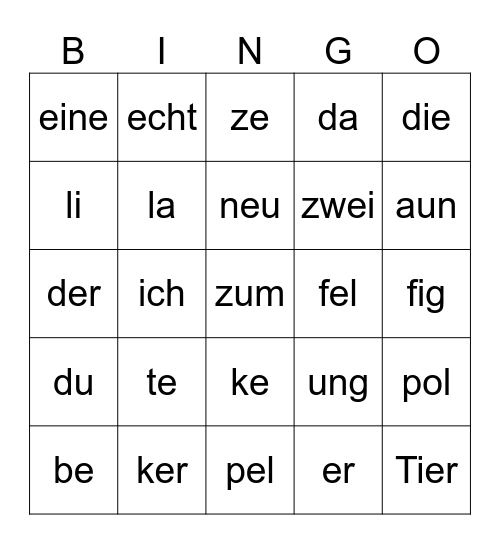 Silben Bingo Card