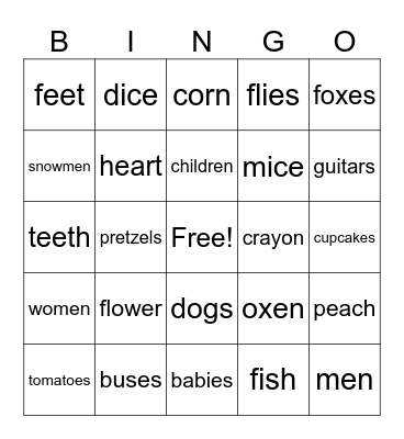Regular & Irregular Plurals Bingo Card