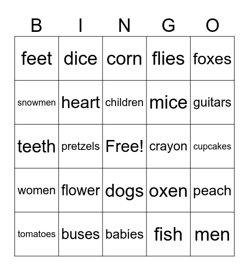 Regular & Irregular Plurals Bingo Card
