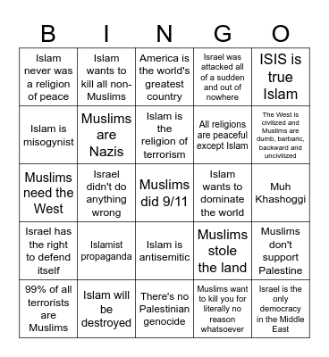 Islamophobic arguments. Every. Single. Time. Bingo Card