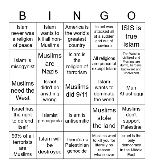 Islamophobic arguments. Every. Single. Time. Bingo Card