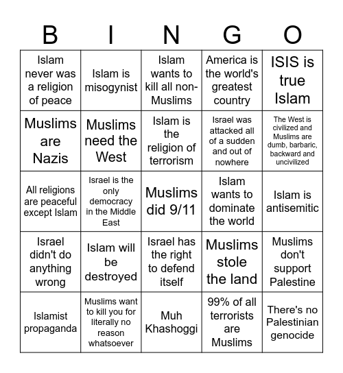 Islamophobic arguments. Every. Single. Time. Bingo Card