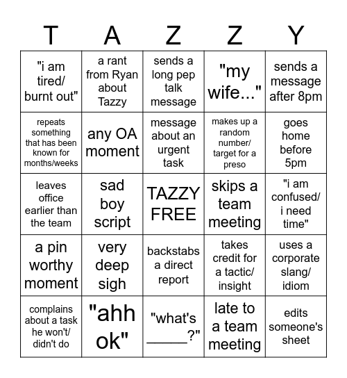 TAZZY TENDENCY Bingo Card