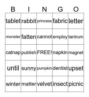 CLOSED SYLLABLE Bingo Card